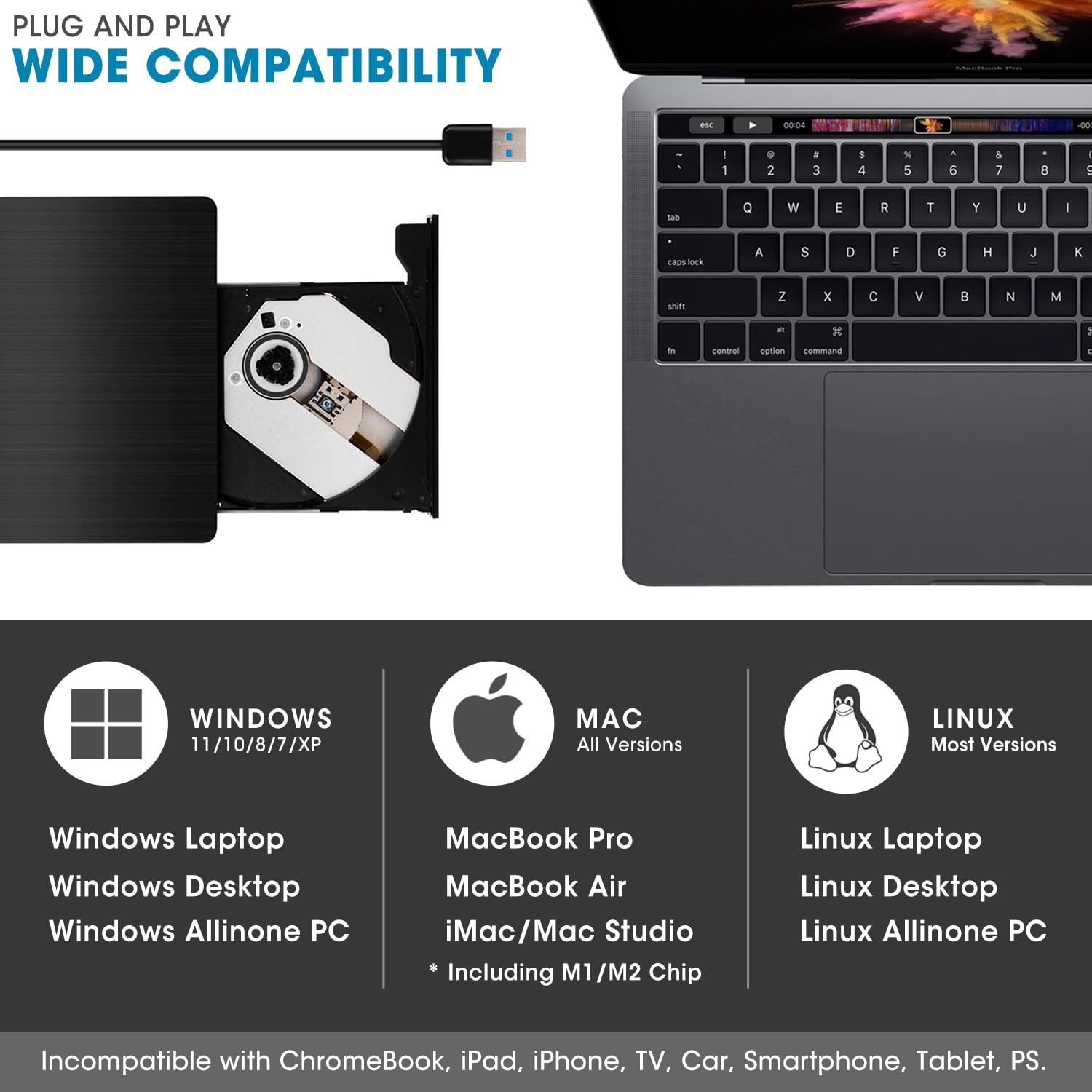 Roofull External Cd Dvd Drive Usb 3.0 Portable Dvd & Cd Rom +/ Rw Player Burner Reader Writer Rewriter Adapter Optical Disc Driv